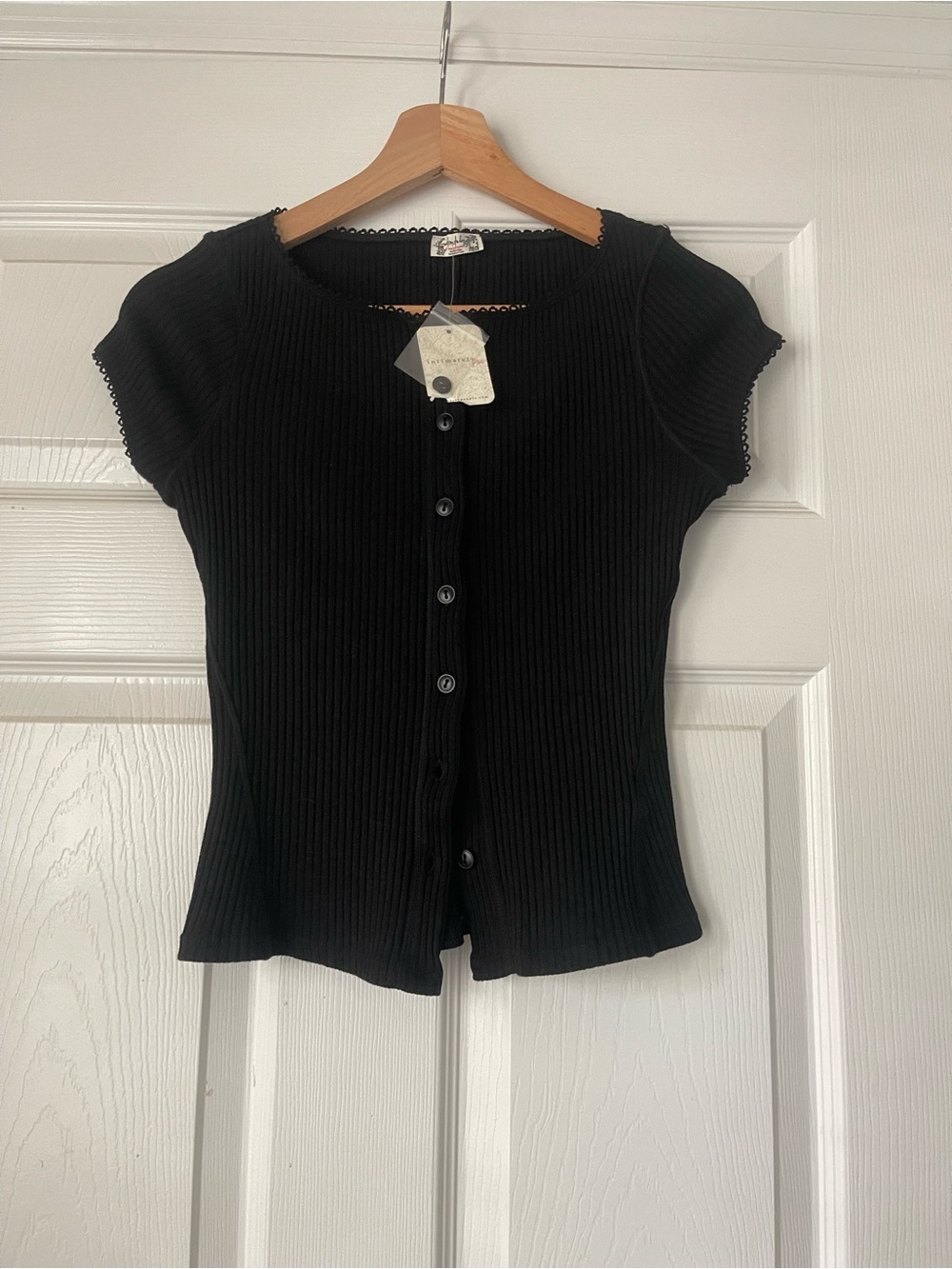 Free People Black Ribbed Button-Front Short Sleeve Top